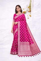 Rani pink Banarasi Silk Saree with Golden Zari Work and Blouse Piece - Saree