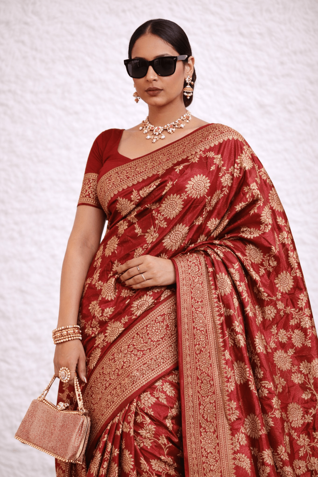 Red Jaal Banarasi Silk Saree with Golden Zari Weaving and Blouse Piece - Kanyaraa