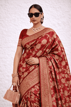 Red Jaal Banarasi Silk Saree with Golden Zari Weaving and Blouse Piece - Kanyaraa