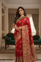 Red Mashru Silk Saree with Meenakari Peacock Zari Work & Contrast Green Blouse - Kanyaraa