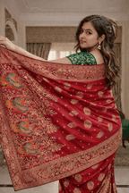 Red Mashru Silk Saree with Meenakari Peacock Zari Work & Contrast Green Blouse - Kanyaraa