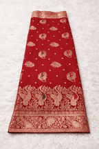 Red Mashru Silk Saree with Peacock Zari Work & Contrast Green Blouse - Kanyaraa