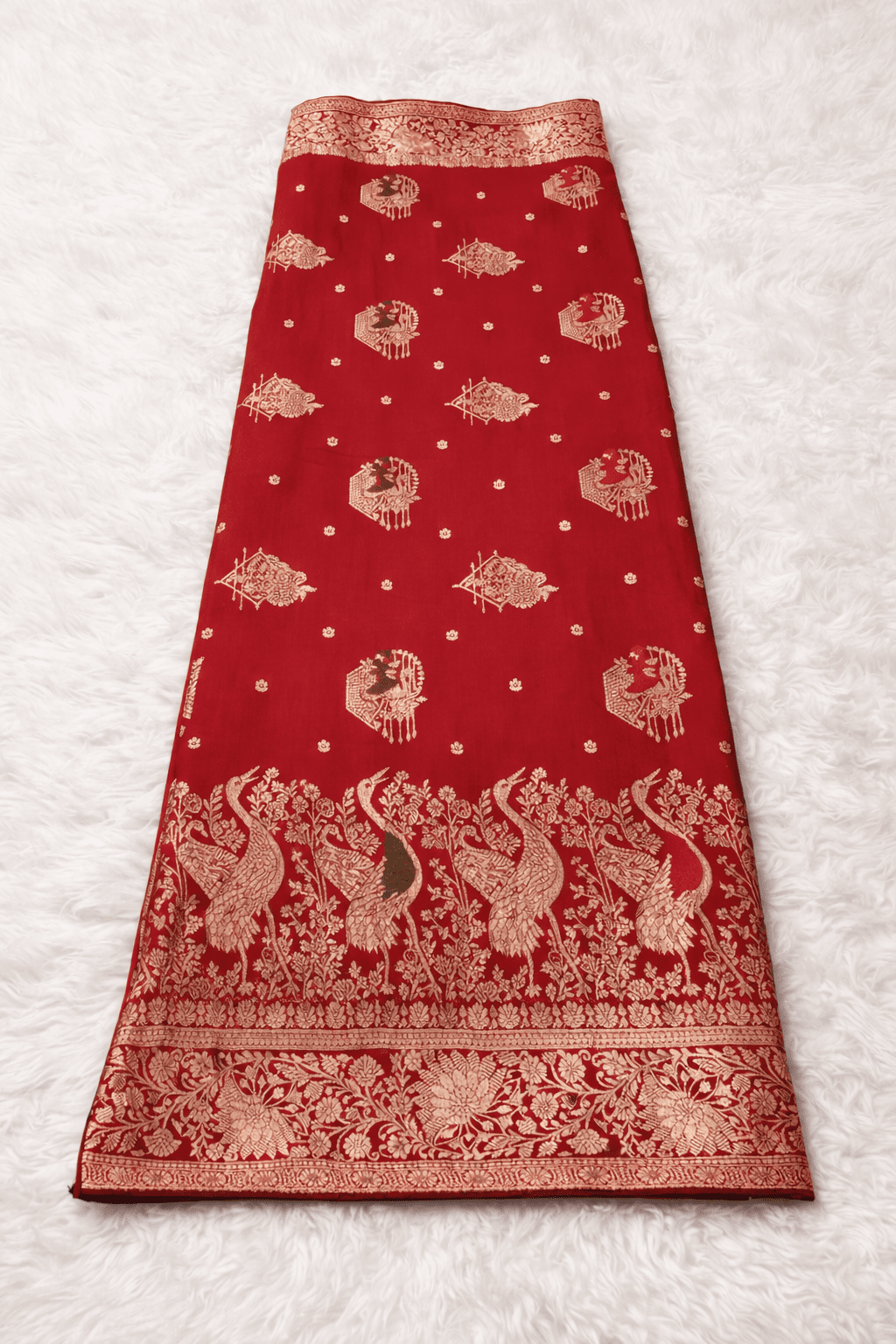 Red Mashru Silk Saree with Peacock Zari Work & Contrast Green Blouse - Kanyaraa