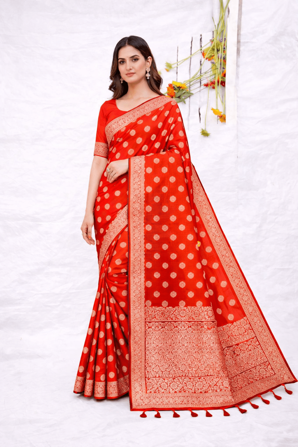 Red - Orange Banarasi Silk Saree with Golden Zari Work and Blouse Piece - Saree
