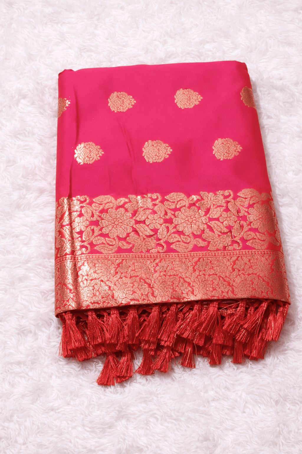 Red - Orange Banarasi Silk Saree with Golden Zari Work and Blouse Piece - Saree
