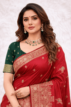 Red Premium Silk Saree with Golden Zari, Mirror Work with Contrast Green Blouse Piece - Kanyaraa
