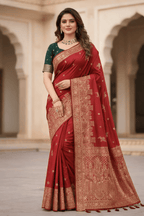 Red Premium Silk Saree with Golden Zari, Mirror Work with Contrast Green Blouse Piece - Kanyaraa