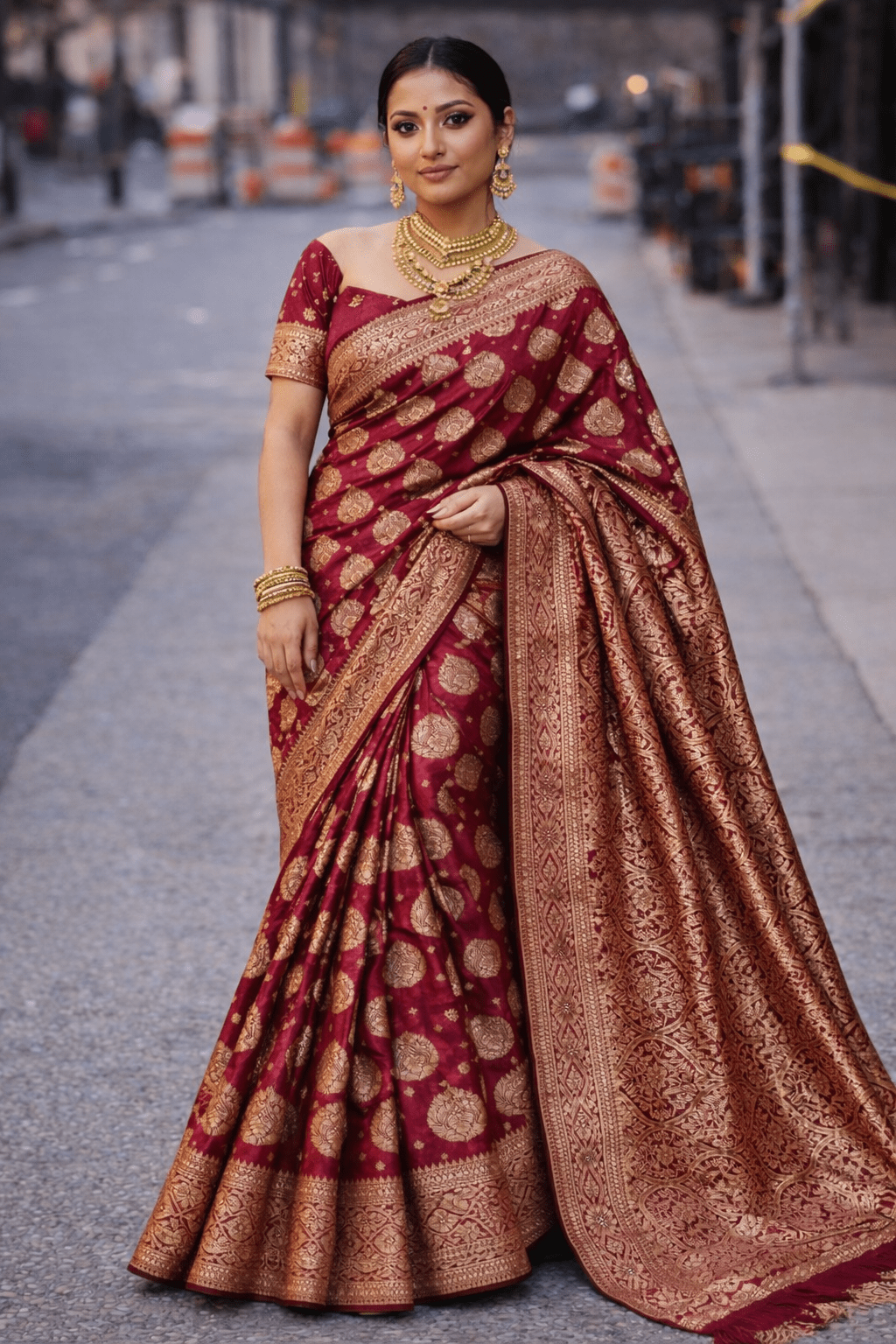 Rose Red Wedding Banarasi Silk Saree with Blouse Piece - Saree