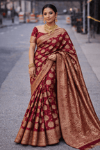 Rose Red Wedding Banarasi Silk Saree with Blouse Piece - Saree