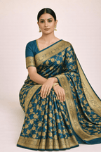 Teal Blue Banarasi Silk Saree with Golden Zari Work and Blouse Piece - Kanyaraa