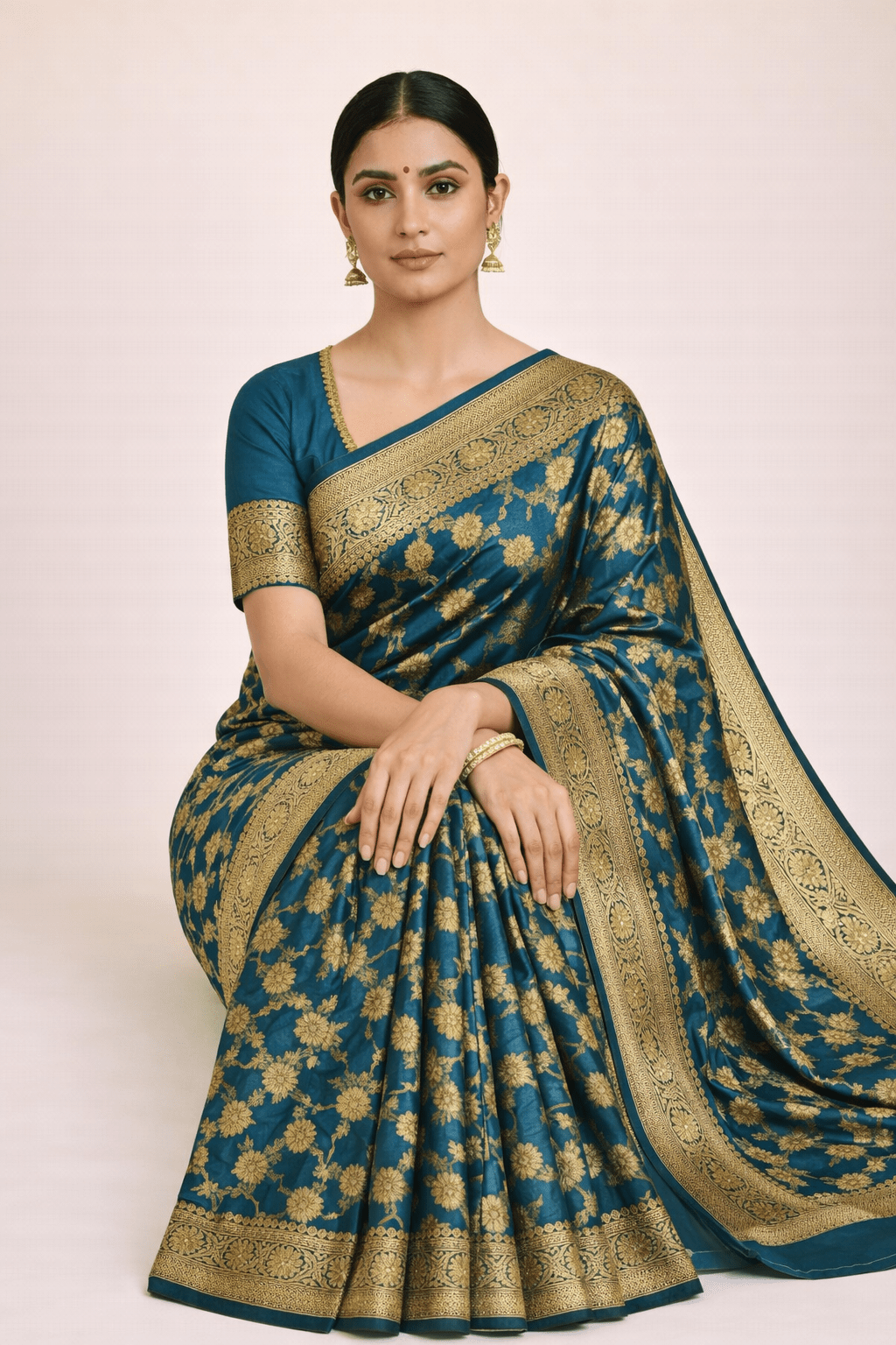 Teal Blue Banarasi Silk Saree with Golden Zari Work and Blouse Piece - Kanyaraa