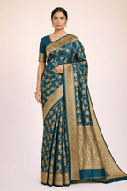 Teal Blue Banarasi Silk Saree with Golden Zari Work and Blouse Piece - Kanyaraa