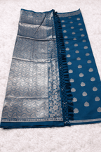 Teal Blue Banarasi Silk Saree with Silver Zari Work and Blouse Piece - Saree