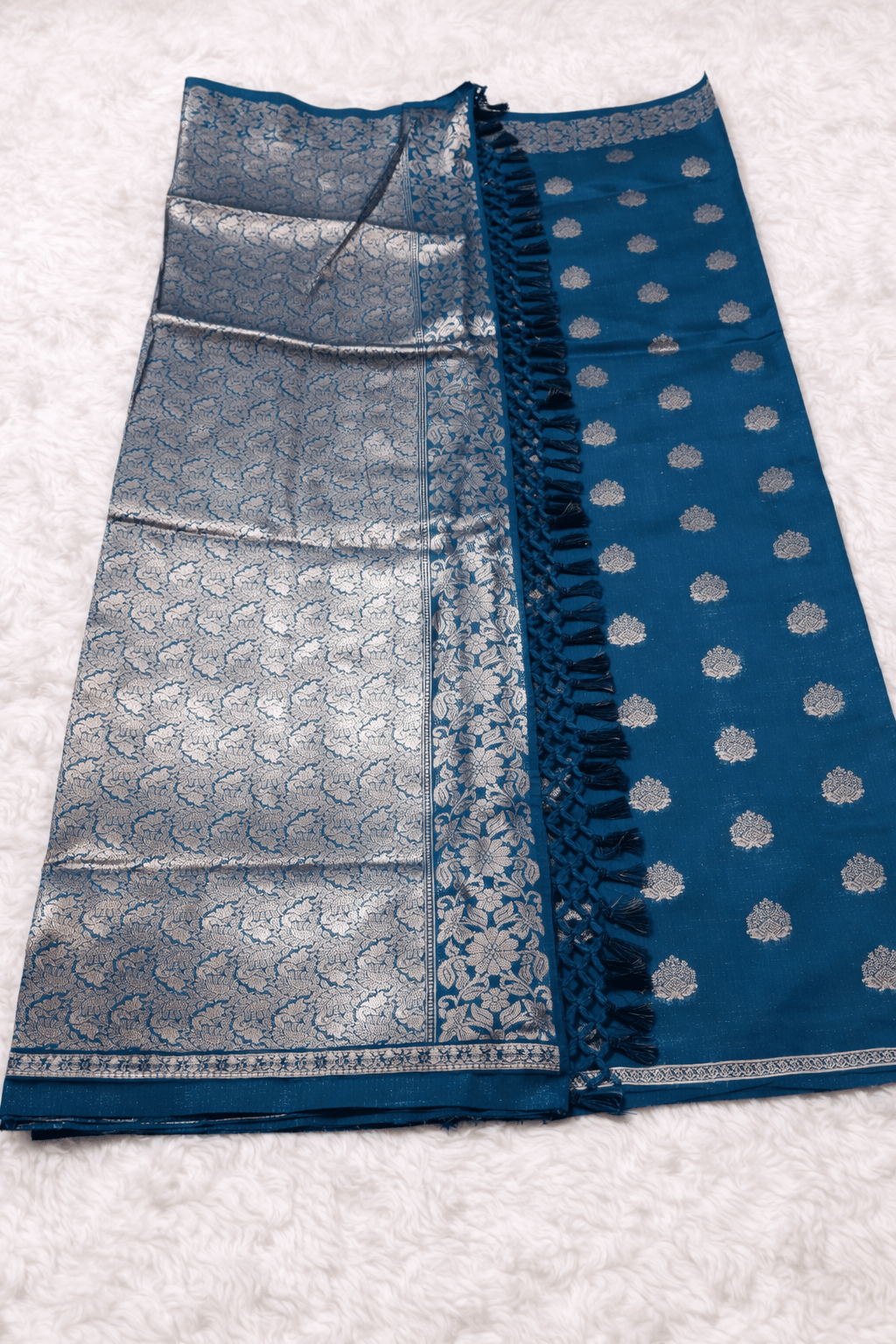 Teal Blue Banarasi Silk Saree with Silver Zari Work and Blouse Piece - Saree