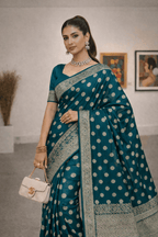 Teal Blue Banarasi Silk Saree with Silver Zari Work and Blouse Piece - Kanyaraa