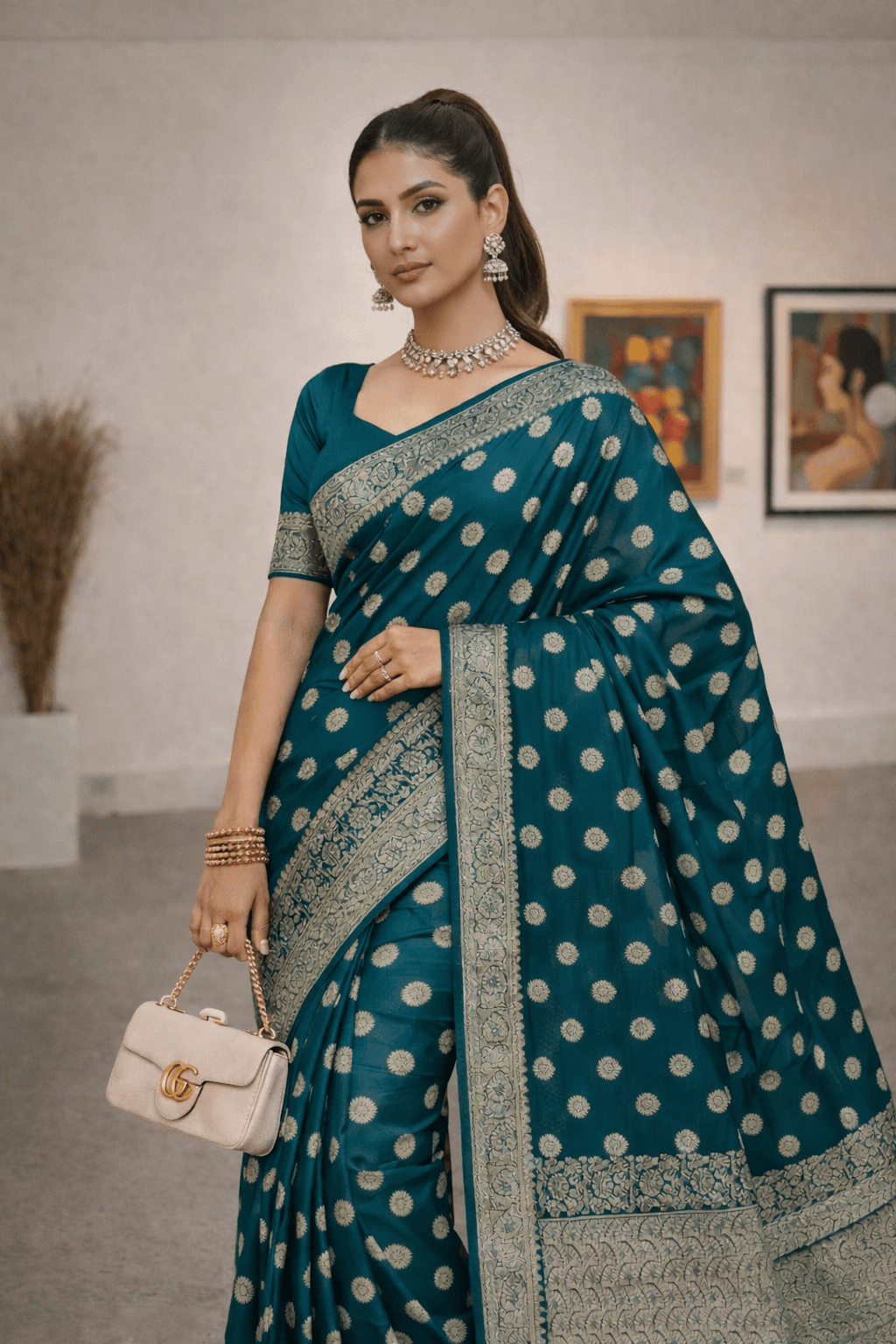 Teal Blue Banarasi Silk Saree with Silver Zari Work and Blouse Piece - Kanyaraa