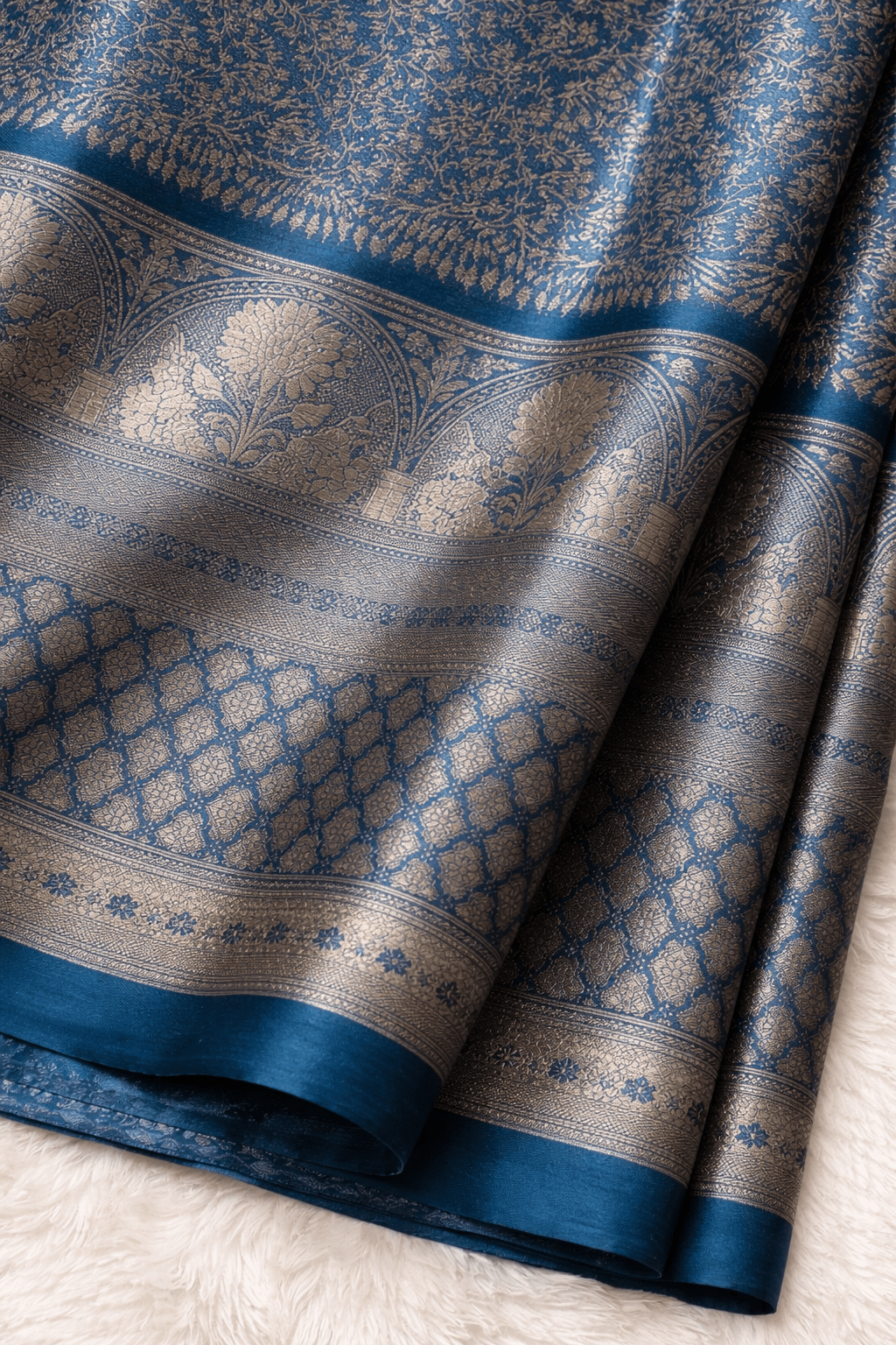 Teal Blue Kanjivaram Silk Saree with Gold Zari & Floral Brocade - Kanyaraa
