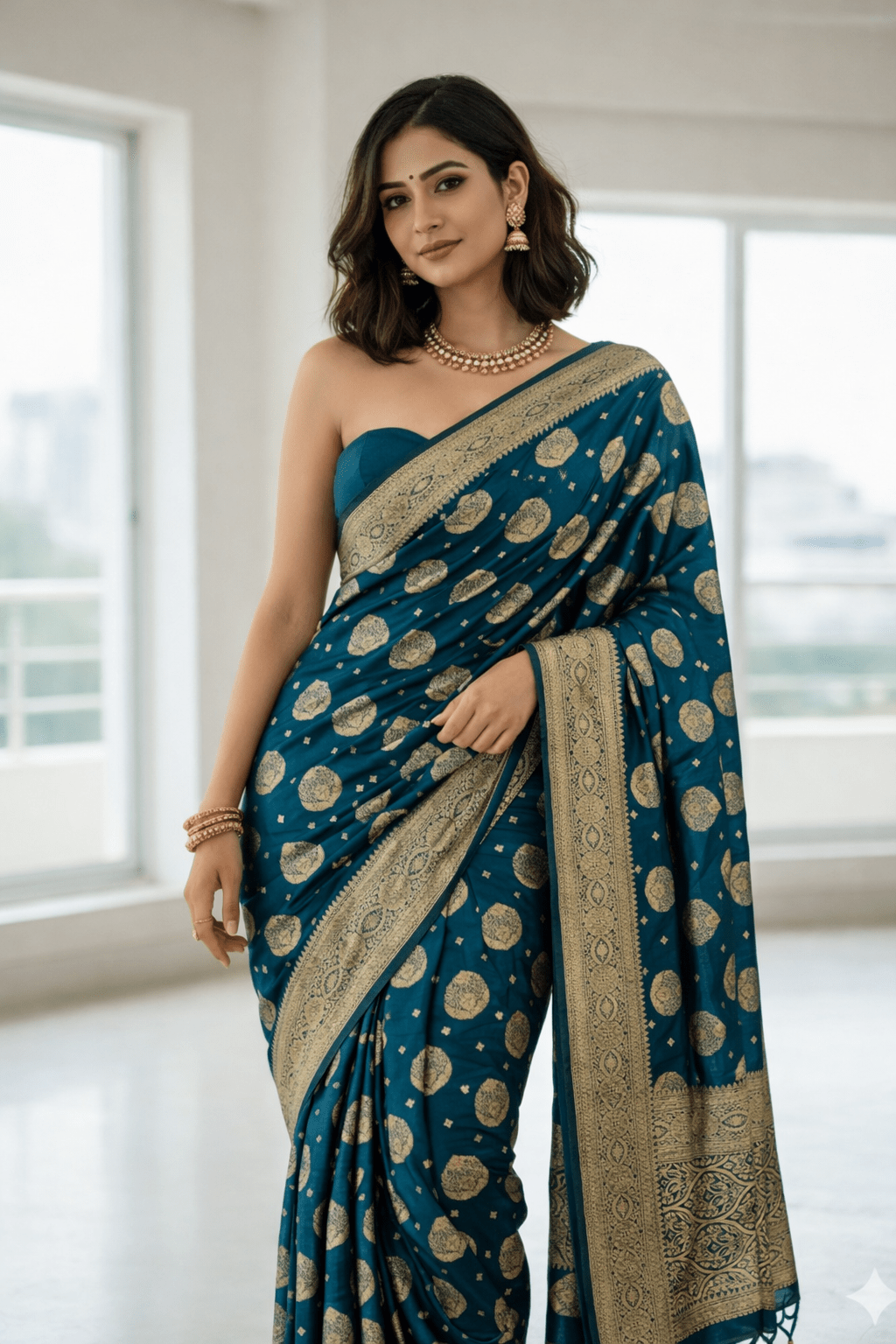 Traditional Varanasi Banarasi Silk Saree in Peacock Blue Color with Blouse Piece - Kanyaraa