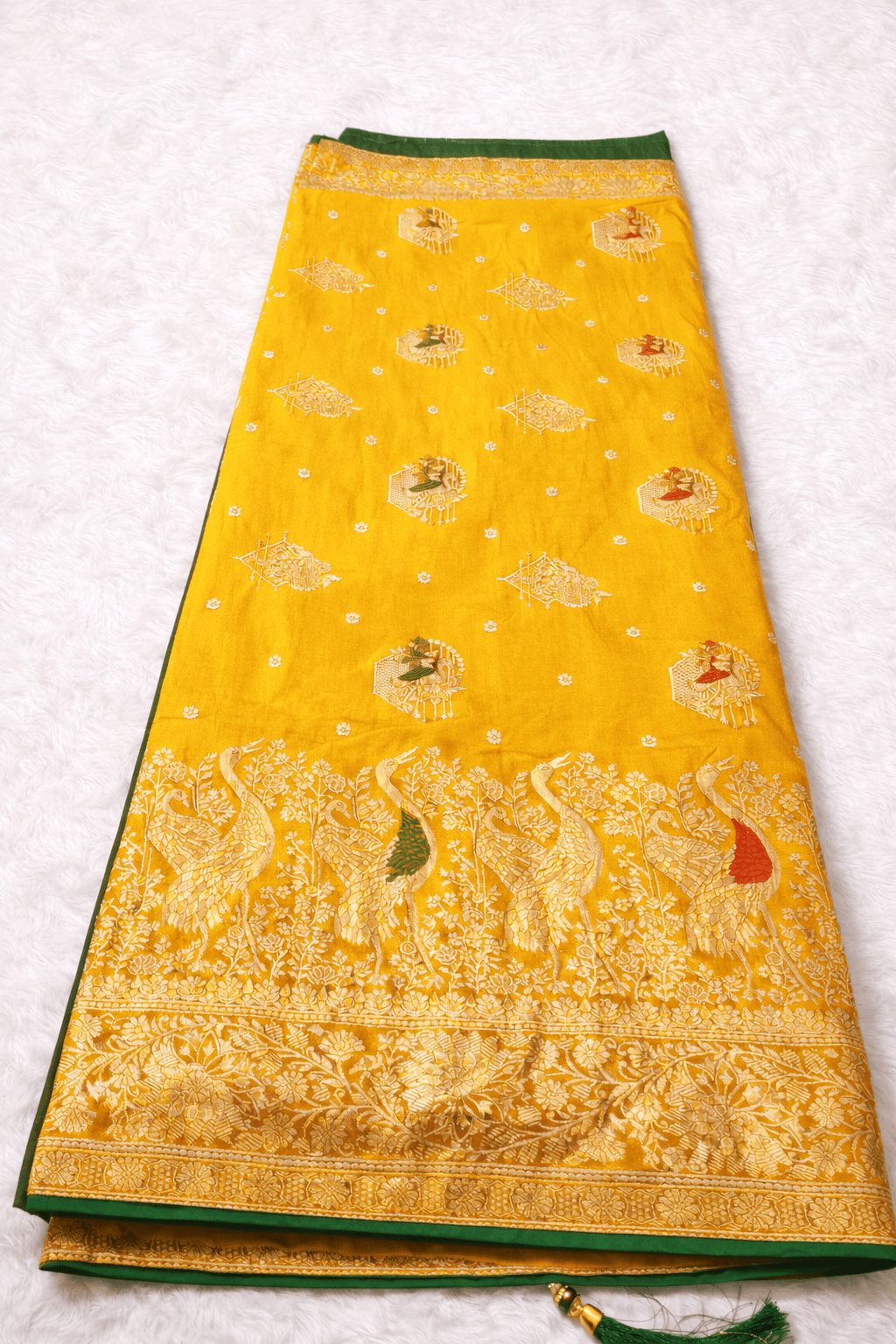 Yellow Silk Saree with Peacock Zari Work & Contrast Green Blouse - Saree