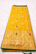 Yellow Silk Saree with Peacock Zari Work & Contrast Green Blouse - Saree