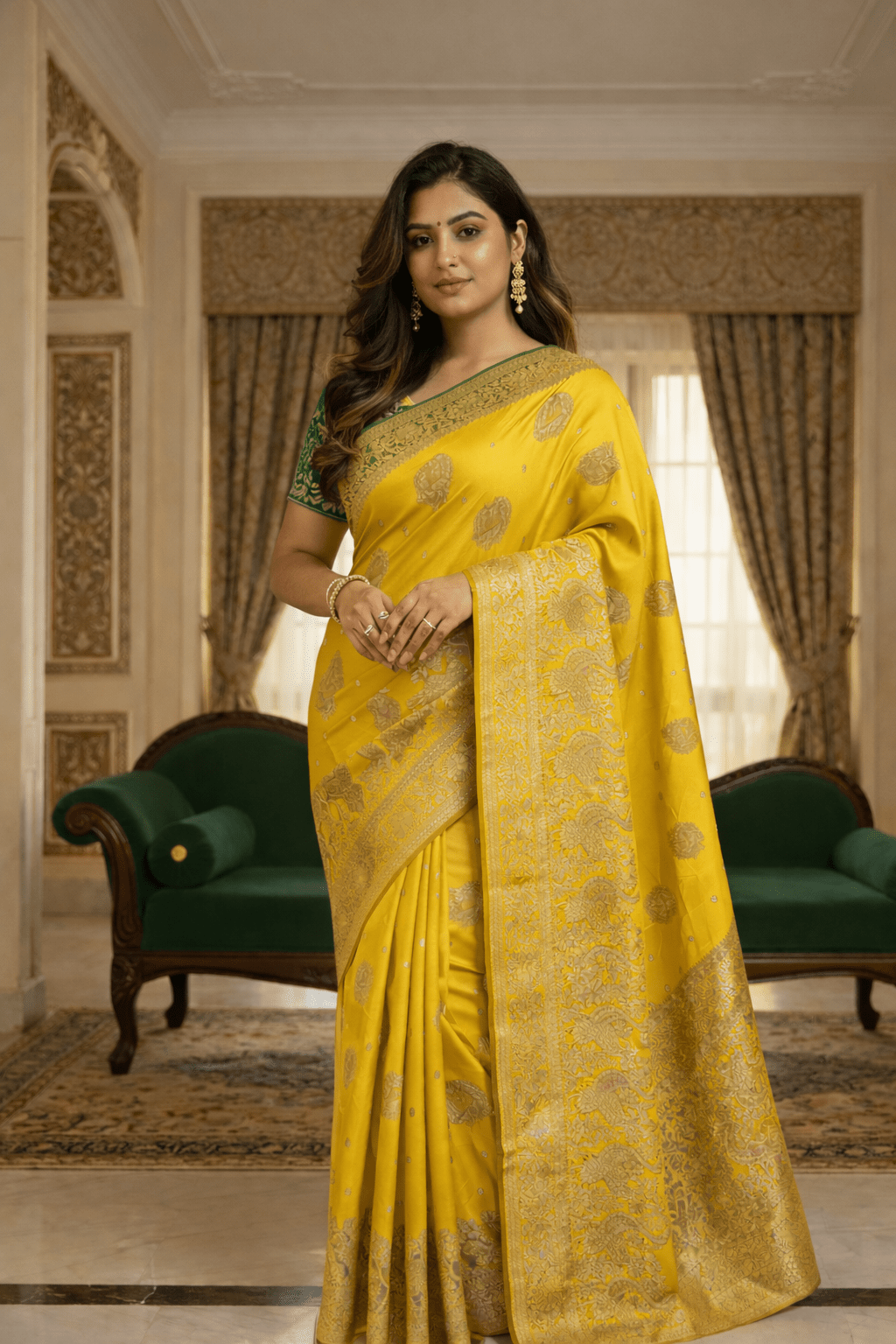 Yellow Mashru Silk Saree with Meenakari Peacock Zari Work & Contrast Green Blouse - Kanyaraa
