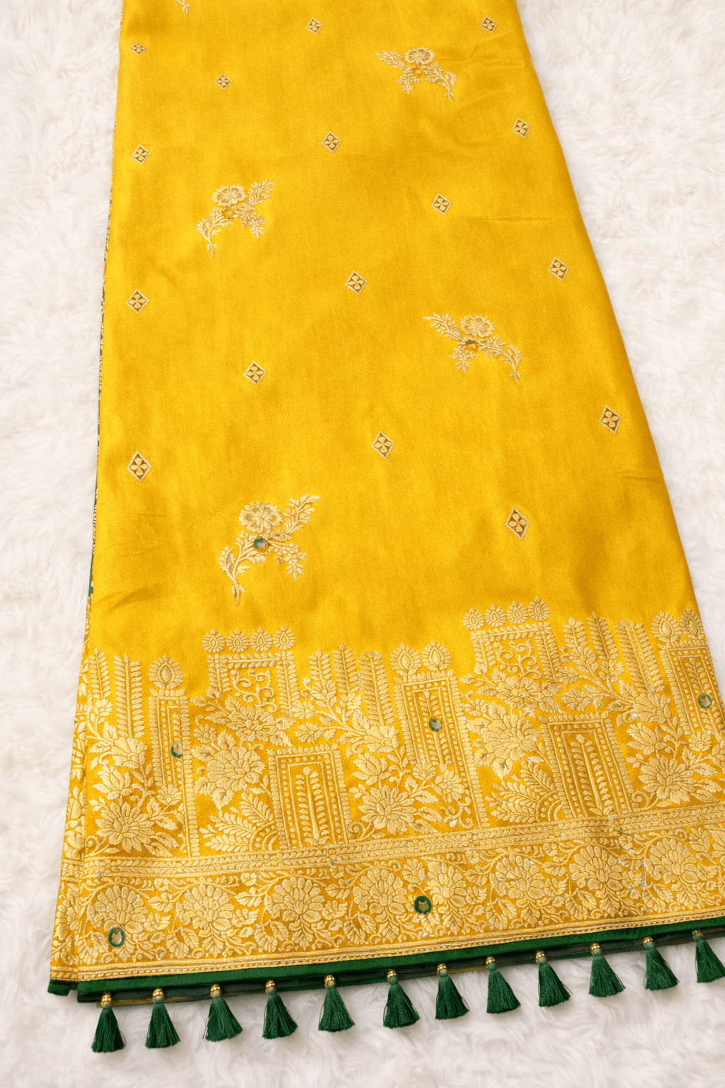 Yellow Premium Silk Saree with Golden Zari Weaving and Mirror Work with Contrast Green Blouse Piece